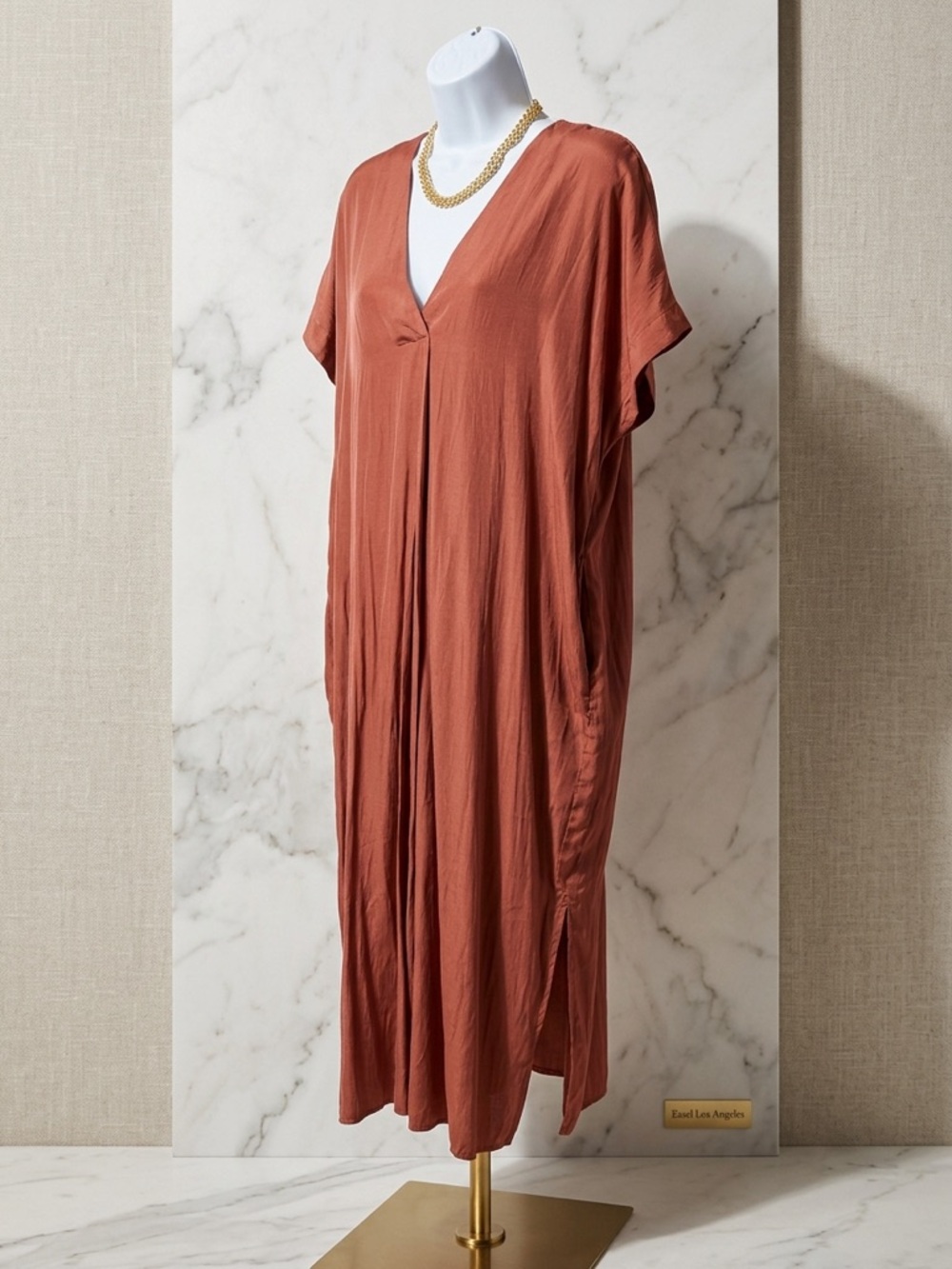 Easel Los Angeles Rust V-Neck Midi Dress Flowy Bohemian Style Size Medium